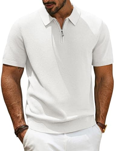 Image of PJ PAUL JONES Mens Polo Shirts Short Sleeve Quarter Zip Knitted T Shirt Golf Polo White XL