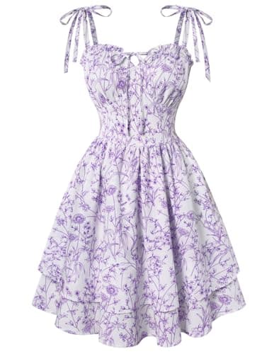 Image of SCARLET DARKNESS Women Floral Dress Teens Summer Adjustable Tie-Shoulder Corset Sundress Tiered Hem Mini Dresses White-Purple Floral L