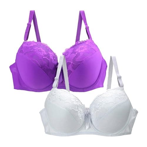 Image of Wireless Bra 2PC Women's Bras Plus Size Push Up Underwire Wireless Seamless Multipack Bralette Sexy Padded Lace Bras Soft Full Coverage High Impact Support Bra Adjustable Straps Purple and White 38 D