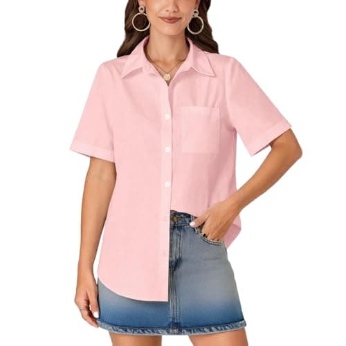 Image of Sahunfri Women's White Short Sleeve Shirt, Loose Fit Short Sleeve Button Down Blouse Tops with Pockets for Women Business Office Wear Casual (UK, Alpha, 3XL, Regular, Regular, Pink)