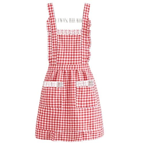 Image of BuxiuGK 1 Pcs Retro Red Grid Lace Frilly Apron with 2 Pockets,Cotton Adjustable Classic Vintage Chef Apron for Women Mother Girls Birthday Gift Cooking,Baking,Kitchen,Restaurant