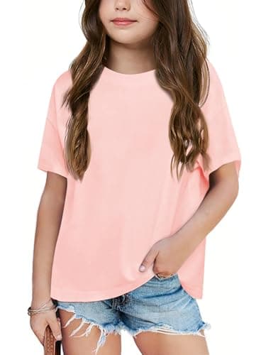 Image of Haloumoning Girls' T-Shirt Short Sleeve Summer Leisure Loose Shirts Kids Cotton Crew Neck Plain Basic Tops, Pink, 12-14 Years