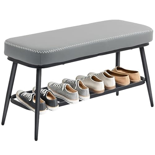 Image of HOMCOM Shoe Bench, PU Leather Shoe Storage Bench with Padded Seat Cushion, Storage Shelf and Metal Frame for Hallway Entryway, Grey