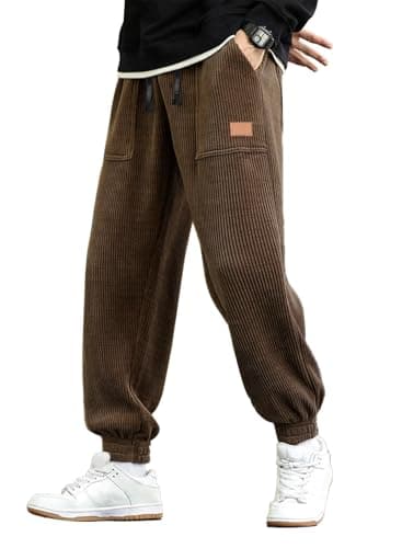 Image of JMIERR Mens Corduroy Pants Joggers Casual Cargo Pants Drawstring Elastic Waist Sweatpants with Pockets Brown