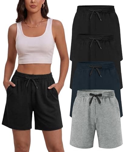 Image of Dalavch 4 Pack Women's Summer Sweat Shorts Cotton Comfy Drawstring Shorts for Casual Lounge Sport Athletic with Pockets, 2 Black 1 Pitch Blue 1 Heather Grey, M