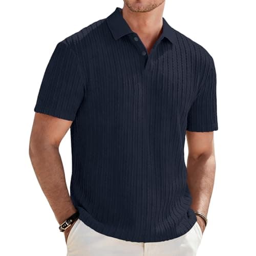 Image of Focixfor Men's Polo Shirts Short Sleeve Button Regular Fit Casual Golf Striped Shirt Navy Blue XL