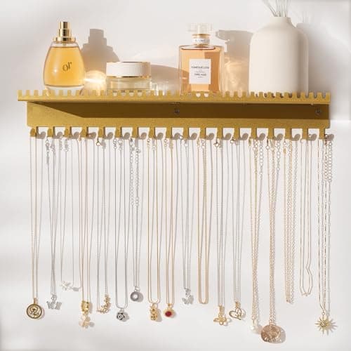 Image of Josmimic Necklace Holder Wall Hanging Organiser: Wall Mounted Jewellery Shelf with 56 Hooks and Tray, Display Hanger for Kids, Girls and Women, Gold & Metal