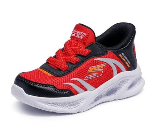 Image of Skechers Baby Boy's Meteor-Lights Brisk-Beams Sneakers, Red Synthetic/Textile/Black & Orange Trim, 9 UK Child