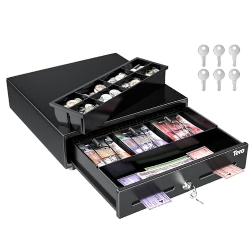 Image of Tera 13" Cash Register Drawer Auto Open 33.5x30x10.4cm with 3 Bill 8 Coin Cash Tray 6 Keys Removable Coin Compartment Key-Lock 12V RJ12 Interface Media Slot for System Shop Business 330G