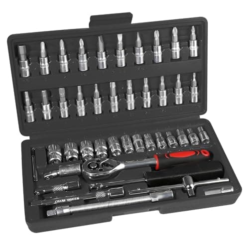 Image of 46 Piece 1/4" Drive Ratchet Socket Set, Ratchet Wrench Set - Socket Wrench Ratchet Tools Kit, Extension Bar Screwdriver Bits for Household DIY, Bike Repair - 1/4 inch Quick Release