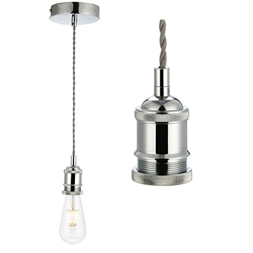 Image of COZZY Vintage Ceiling Pendant Light Fitting, Light Grey Twisted Braided Flex,E27 Lamp Holder Suspended Pendant Light Fitting Kit-Chrome