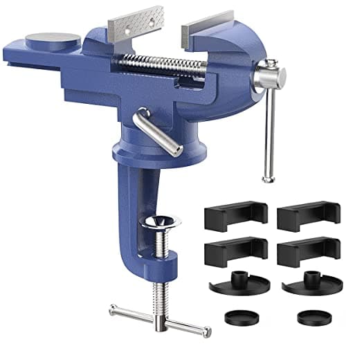 Image of Housolution Universal Table Vice 3 Inch, 360° Swivel Base Bench Clamp Home Repair Tool - Portable Work Bench for Woodworking, Cutting Conduit, Drilling, Metalworking - Blue