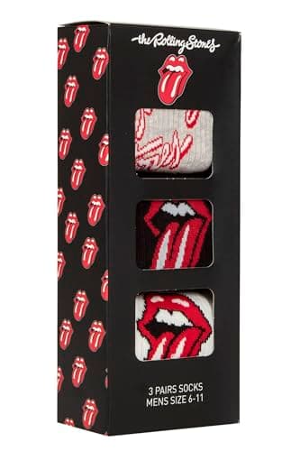 Image of SockShop The Rolling Stones Men’s 3 Pair Gift Boxed Socks – Cotton Rich Crew Length Music-Themed Novelty Designs Featuring Iconic Tongue Logo, Fun Present for Fans or Collectors Multi 6-11