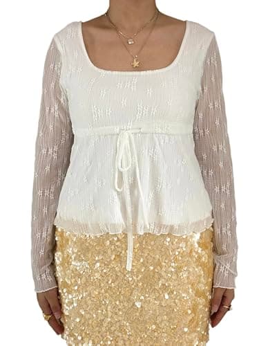 Image of Kouoybt Women Square Neck Long Sleeve Lace Peplum Top Tie-up Front Tops Trendy Slim Fit Ruffle Shirts Spring Fall Blouses (A-White, M)