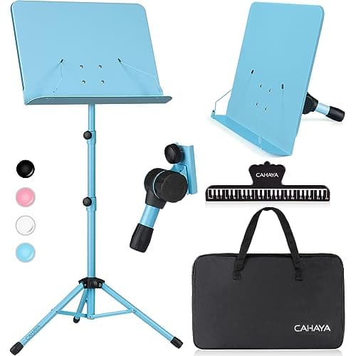 Image of CAHAYA Sheet Music Stand Metal Portable with Carrying Bag, Sheet Music Clip, Projector Stand, Portable Podium Stand, Laptop Stand Blue, CY0194-3