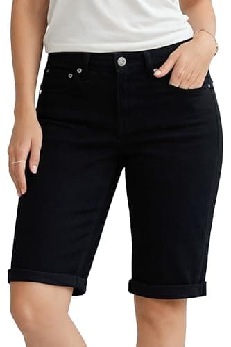 Image of NOROZE Womens Denim Shorts – Ladies Knee Length Stretch Jean Shorts with Pockets – Rolled Hem Summer Bermuda Shorts for Women UK – Lightweight Casual Fit – Sizes 8 to 20 Black