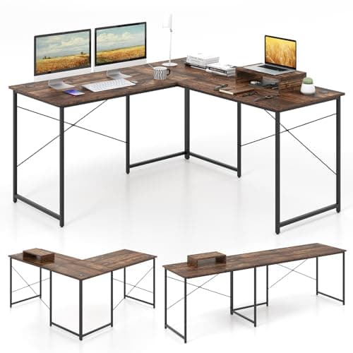 Image of COSTWAY L-Shaped Computer Desk, 240cm Reversible Double Study Writing Workstation for 2 Person, Large Long Corner Home Office Desk Wooden PC Laptop Gaming Table with Monitor Stand (Rustic Brown)