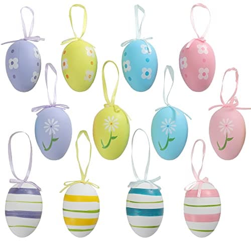 Image of TRIXES Decorative Hanging Easter Eggs – 12-Pieces Pastel Coloured Eggs with Ribbon Hooks –Finishing Decoration for Easter Trees, Centrepieces, Wreaths and Mantlepieces