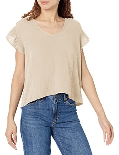 Image of Velvet by Graham & Spencer Women's Remi Cotton Slub Mix Top Shirt, Sand, XS