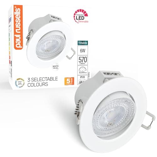 Image of paul russells LED Dimmable Recessed Tilt Downlight, 6Watt 570LM, Warm/Cool/Day White 3 Adjustable CCT, IP44, Round Spotlight for Kitchen, Living, Hall & Bathroom Ceiling Light, 1 Pack (White)