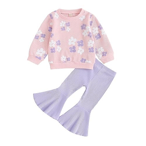Image of XIXIMAON Toddler Girls 2pcs Fall Winter Outfits Long Sleeve Floral Print Ribbed Knitted Jumper Sweatshirt Flare Pants Set Baby Girls Cute Clothes (Pink, 4-5T)