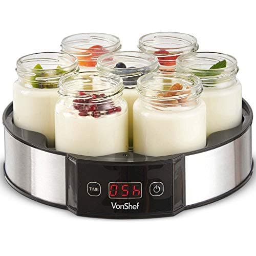 Image of VonShef Digital Yoghurt Maker with 7 Jars – Electric, Compact, Stainless Steel Machine with LED Display & Timer, 180ml Glass Containers / Yoghurt Pots - For Making Fresh, Healthy Homemade Desserts