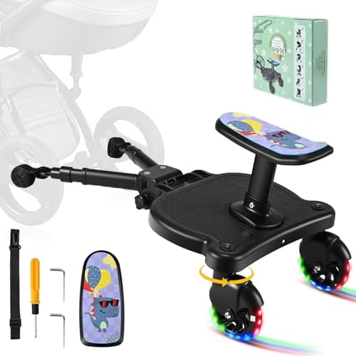 Image of BugyKido Universal Buggy Board, Kiddy Board with LED Flashing Wheels, Buggy Board with Patterned Seat, Compatible with Over 99% of Pushchairs, Pram Standing Board for Children from 2-6 Years(25KG)