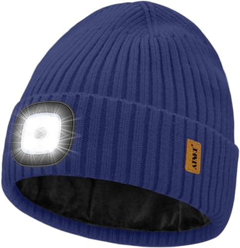 Image of ATNKE LED Lighted Beanie Hat,USB Rechargeable 4 LED Ultra Bright Running Headlamp Hands Free Head Torch Cap with Light Winter Warm Fleece Lined Knit Beany Gifts for Men and Women/Light Navy Blue
