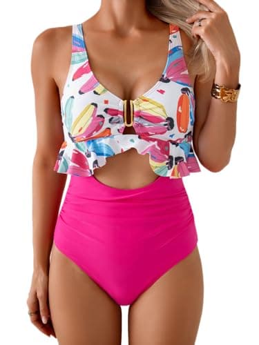 Image of B2prity Womens One Piece Swimsuit Tummy Control Ruffled Bathing Suit V Neck Cutout Swim Suit Tie Back Swimwear, Banana Print, S