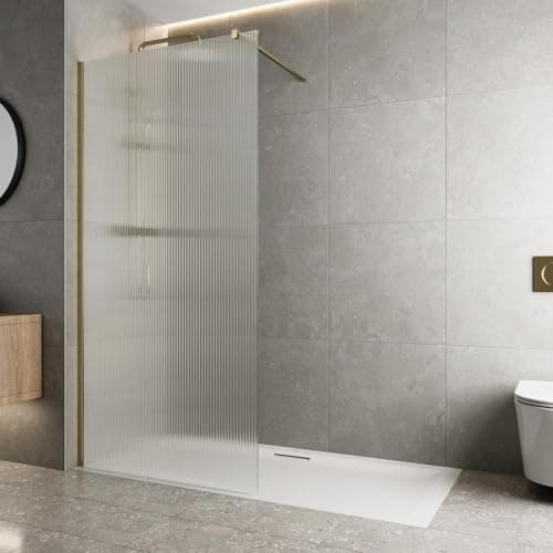 Image of BAYSTONE® 1000mm Wet Room Shower Screen Panel 8mm Fluted Toughened Safety Easy Clean Glass Walk in Shower Enclosure, Frameless Panel, Brushed Brass