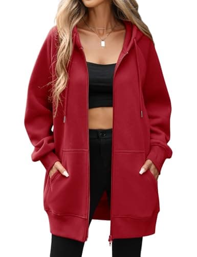 Image of Vancavoo Womens Zip Up Hoodie Ladies Longline Fleece Sweatshirts Casual Long Sleeve Jacket Loose Hooded Coat Plus Size Outwear Hoody with Pockets,Wine red,M