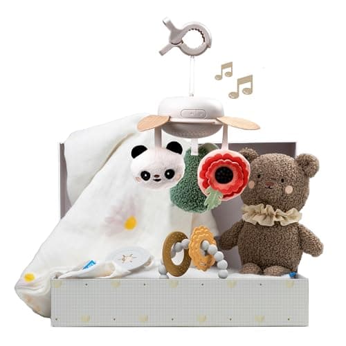 Image of Taf Toys Luxury Newborn Gift Set. Baby Sensory Box. Cotton Bamboo Swaddle, Take Along Musical Mobile, Bear Soft Toy & Silicone Teether Ring. New Welcome Baby Gift, Newborn Baby Boy & Girl Gifts 0+