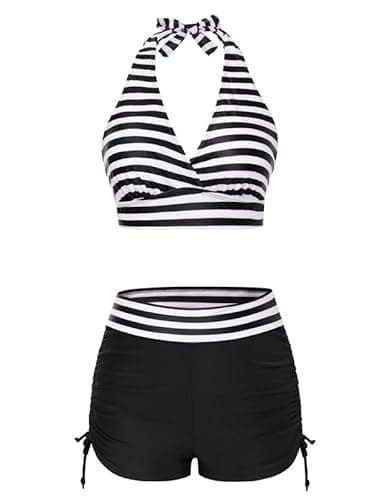 Image of JASAMBAC High Waisted Bikini Set,Halter Neck Bikini Top & Tummy Control Swimwear Bikini Boyshorts Swimming Costume Floral Swimsuits Soft Bathing Suits Padded Beachwear