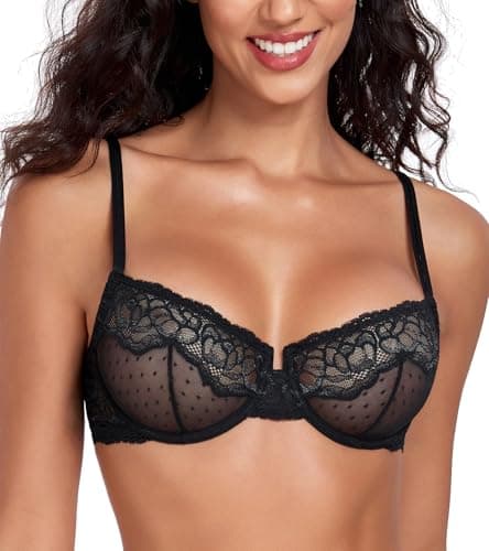 Image of Lemorosy Women's Sexy Lace Demi Sheer Mesh See Though Balconette Unlined Underwire Non-Padded Everyday Bra(Black,38B)