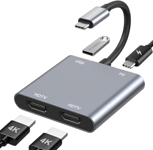Image of USB C to Dual HDMI Adapter, 4K@60Hz HDMI Splitter for Dual Monitors with USB 3.0, 100W PD Charging, 4 in 1 USB C Hub Multiport Adapter for MacBook Pro/Air, iPad, Surface, HP, Dell, Chromebook