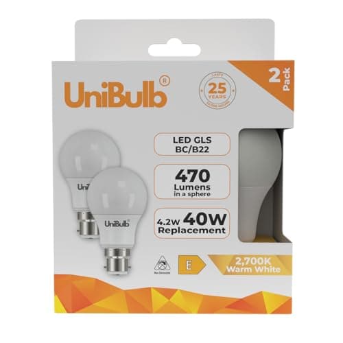 Image of Unibulb BC / B22 / Bayonet 4.2W 470lm LED GLS Light Bulbs, Replaces 40W, Warm White 2700K, Energy Saving Lightbulbs, 180° Wide Beam, Non-dimmable, 25yr Lifespan, Pack of 2