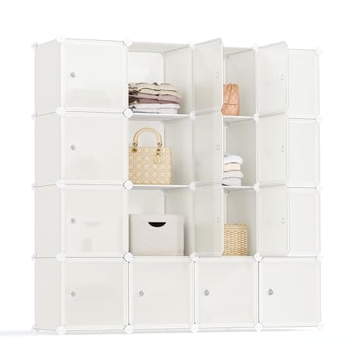 Image of SONGMICS 16-Cube Storage Unit, Shoe Rack, Stackable Cubes, Plastic Closet Cabinet, Wardrobe, with Doors, for Bedroom, Office, Easy to Assemble, Cream White LPC443W01
