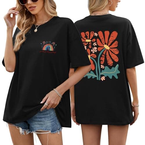 Image of heekpek Womens Oversized T Shirts Cotton Graphic T Shirt Crew Neck Baggy Tee Shirts Short Sleeve Summer Tops Double-Sided Printed T-Shirt, Black, L