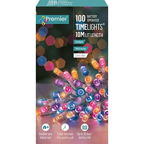 Image of Premier 100 Timelights Battery Operated 10m Clear Cable Multi Action String Lights - Rainbow