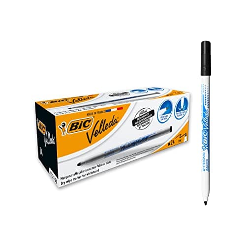 Image of BIC Velleda, Dry Wipe Whiteboard Marker Pens, Fine Bullet Tip for Precision, in Black, Box of 24 Markers