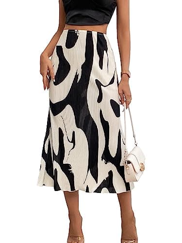 Image of GORGLITTER Women's High Waist Pleated Graphic Bodycon Pencil Midi Skirt Elegant Long Skirts Black and Beige L
