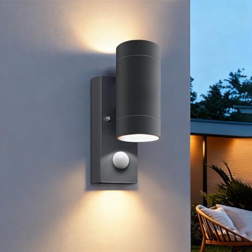 Image of PIR Outdoor Wall Lights,IP65 Waterproof Up and Down Lights Outdoor with Motion Sensor,Aluminium Outside Wall Lights Mains Powered GU10,Exterior Wall Lamp for Front Door,Porch,Patio,Anthracite,1 Pack