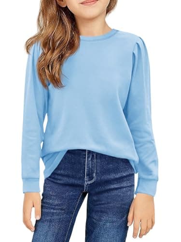 Image of Haloumoning Girls' Long-Sleeved T-Shirt Cotton Crew Neck Top Lightweight Sports Long Sleeve Basic Casual Sweatshirt, Sky Blue, 160