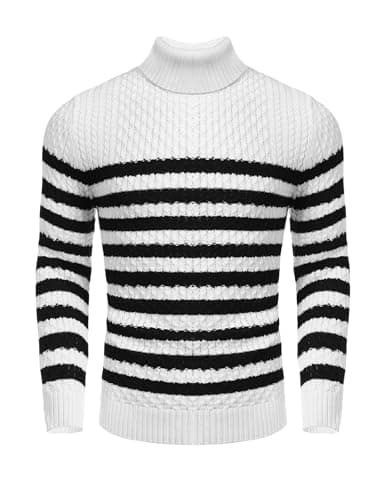 Image of COOFANDY Jumpers for Men Jumper Turtle Neck Tops Polo Neck Jumpers Sweatshirts Turtleneck Sweater Winter Jumper Roll Neck Tops Stripe-A M