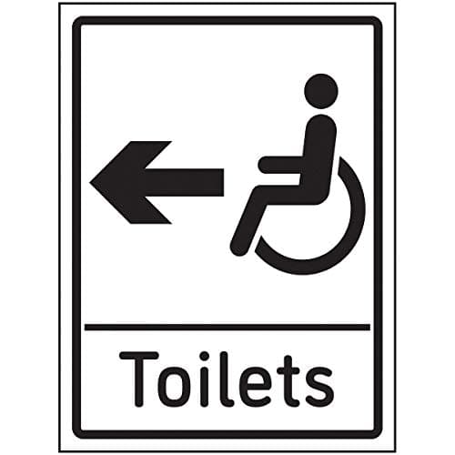 Image of V Safety Disabled Toilets Arrow Left Sign - 150x200mm - 1mm Rigid Plastic
