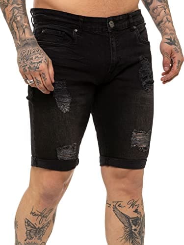 Image of 989Zé ENZO Mens Shorts Ripped Skinny Stretch Cotton Denim Half Pants Casual Summer Shorts EZS383 Black 30