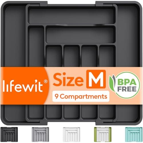 Image of Lifewit Extendable Cutlery Drawer Organiser, Adjustable Cutlery Tray, Utensil Holder for Forks, Spoons, Knives, Plastic Kitchen Organiser and Storage, 9 Compartment, 30-50 x 38cm, Black
