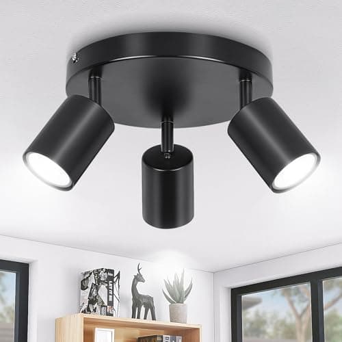 Image of Ketom Ceiling Light Rotatable, 3 Way Black GU10 Spotlight Ceiling Lights, Modern Kitchen Lights Ceiling, Round Indoor Spot Light Fittings Industrial for Bedroom Living Room Hallway, Bulb Not Included