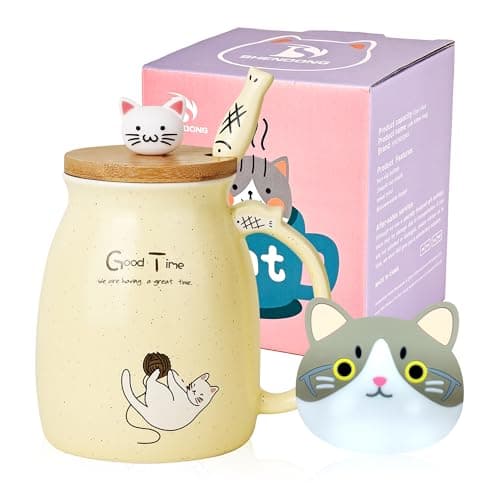 Image of SHENDONG Cat Mug - Cute Ceramic Coffee Cup With Kawaii Wooden Lid and Lovely Stainless Steel Spoon - Novelty Morning Cup for Coffee, Milk, Tea - 3D Animal Mugs for Cat Lovers, Women Gifts (Yellow)