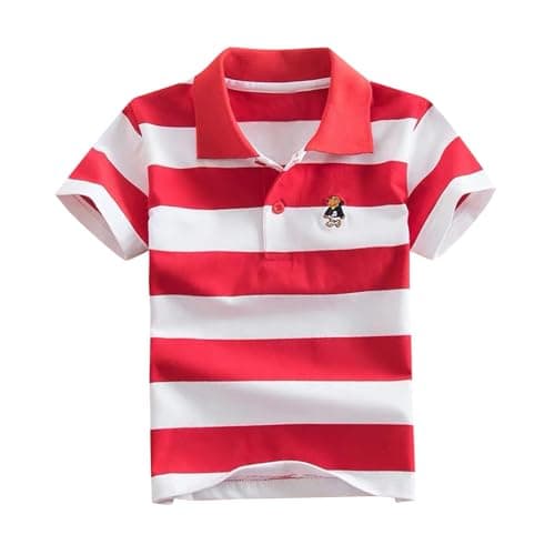 Image of duxyoz Boys Toddler Kids Short Sleeve Polo Shirts Summer Clothe Classic Stripe Printed School Uniform Shirt Casual Moisture Wicking Soft Breathable Cotton Tops Pique Polo Shirts 12-13 Years